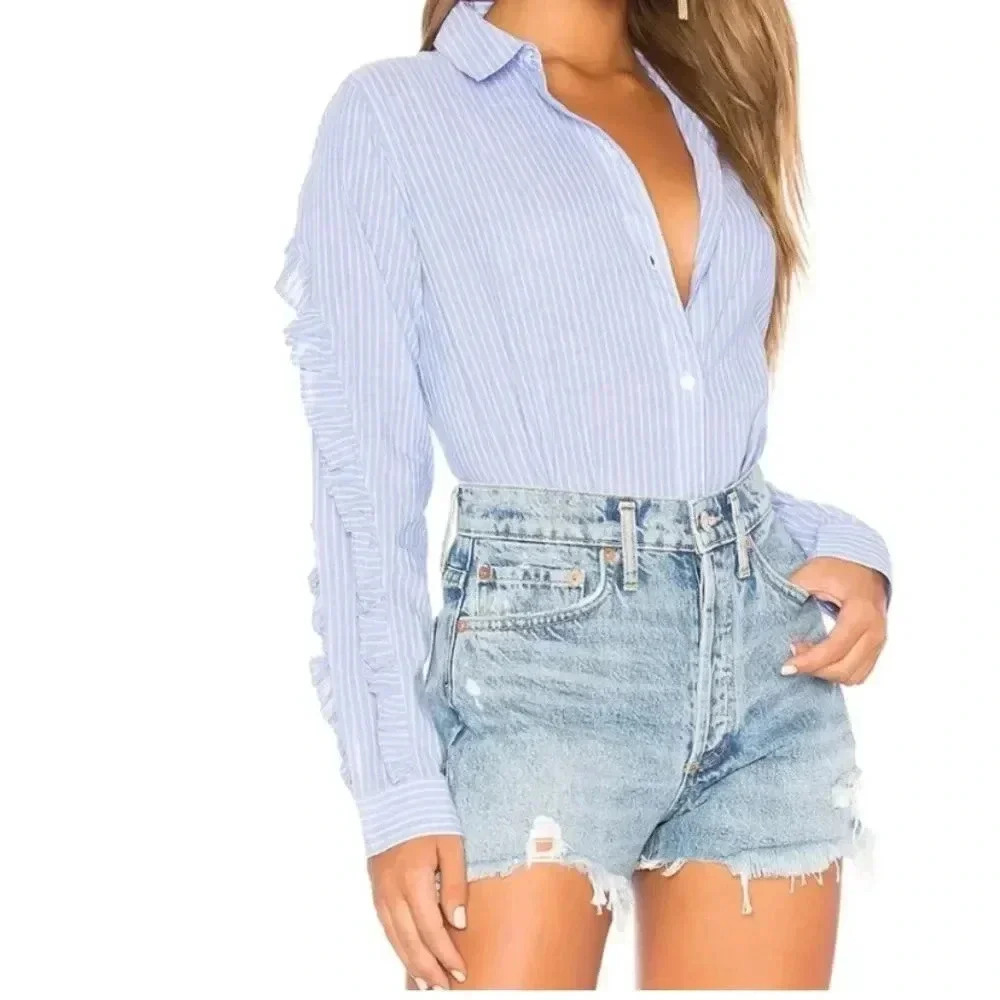 Rails Lizzi Button-down Shirt with Ruffles Bellflower Blue Stripe size Small